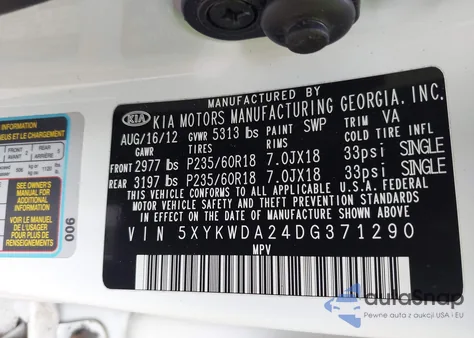 2013 Kia Sorento Sx V6 из США, поврежденный, VIN 5XYKWDA24DG371290